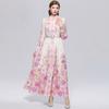 Abiti Lunghi da Festa Donna Primavera Autunno Vintage Stampa Floreale Rosa da Sfilata Manica Lunga Monopetto con Cintura