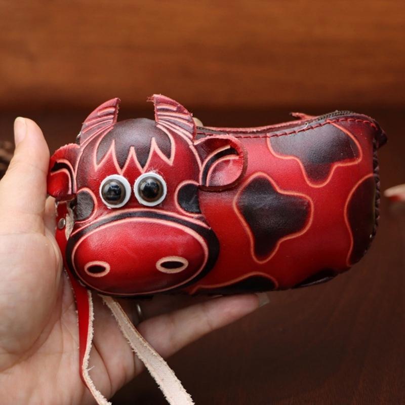 Genuine Leather Keychain Wallet With Adorable 3D Bull Design And Plush Lining Novelty Keychain For Keys And Coins