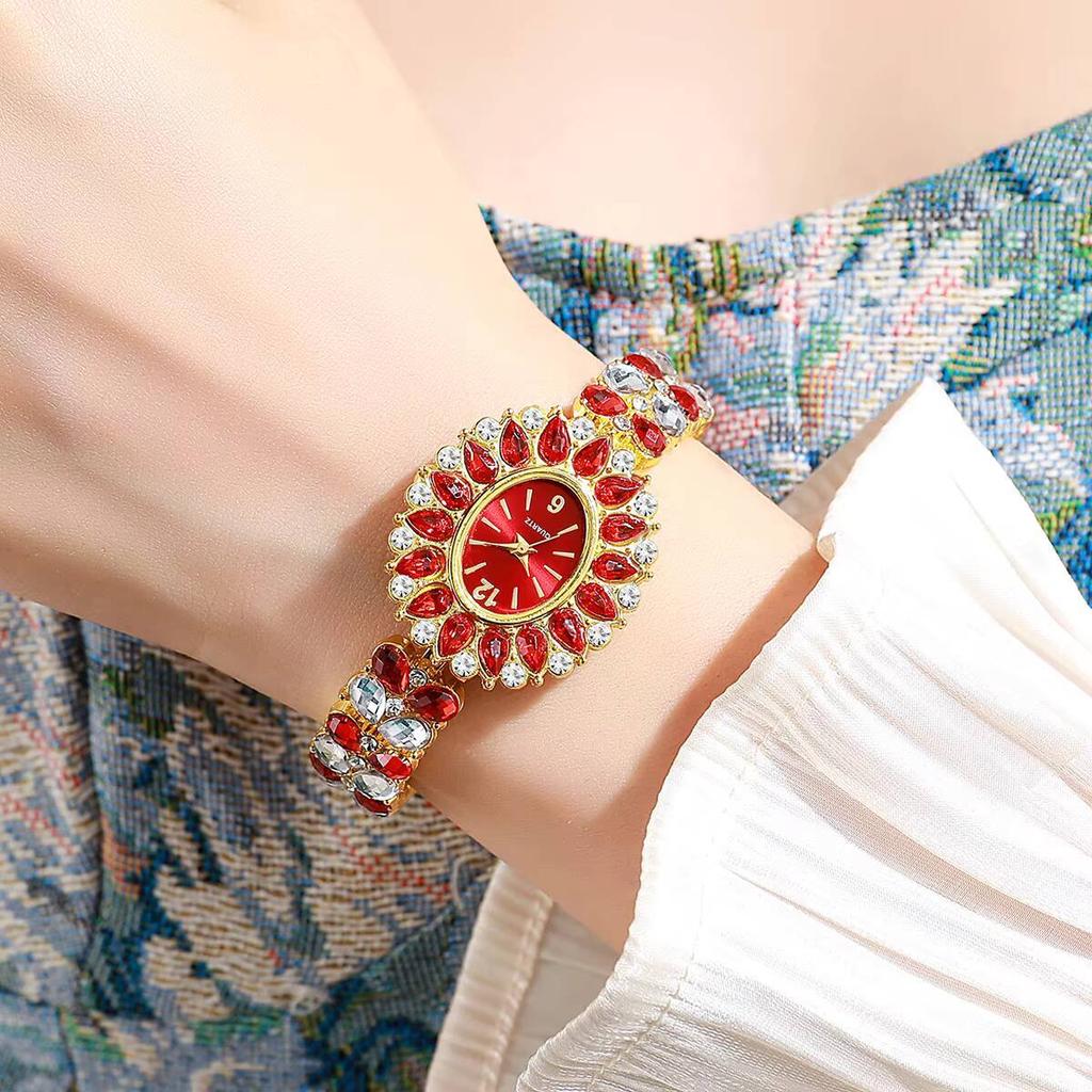 Dámské květinové hodinky s kamínkovým náramkem, křemenné náramkové hodinky