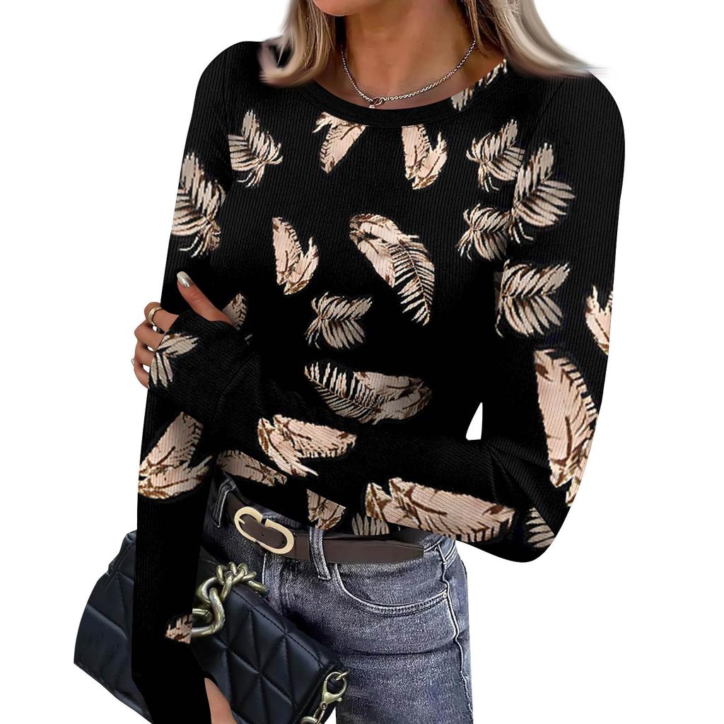 Camiseta de Fondo Ajustada para Mujer y Invierno Moda Casual Estampado Degradado Cuello Redondo Jersey Manga Larga Top