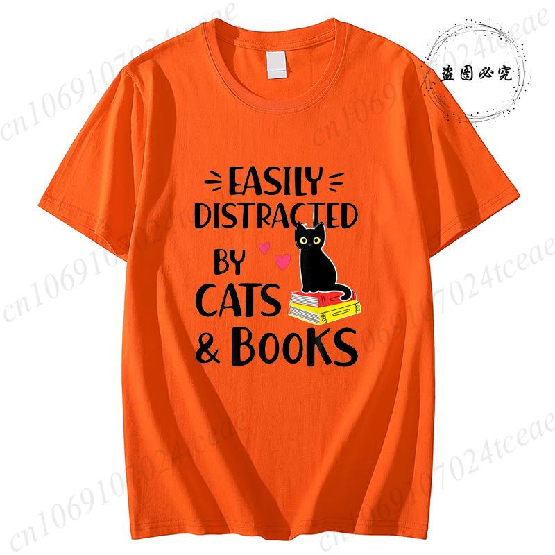 Short Sleeve Tshirt for Unisex Tee Clothes Easily Distracted By Cats and Books Tee Tops Book Reader Top Y2K Unisex Casual Clothes
