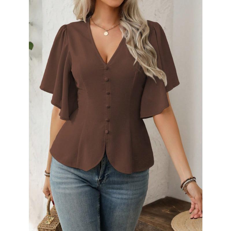 Women S V Neck Solid Color Single Breasted Waist Short Sleeve Blouse
