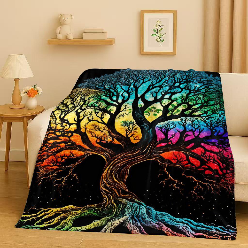 Retro Kleurrijke Levensboom Yggdrasil Keltisch Runen Flanellen Deken, Ultra Zachte Pluche Plaid voor Huis Slaapkamer Bed Bank Cover Kinderen
