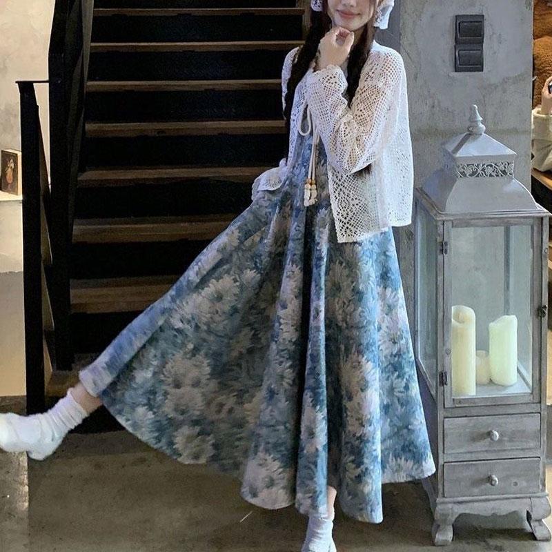 New Summer French Retro Oil Painting Floral Suspender Dress Seaside Vacation Long Skirt Two-piece Set