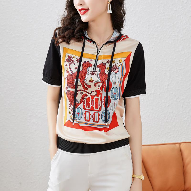 New Summer Hooded Short-sleeved Top Printed Drawstring Pullover Loose Casual Temperament T-shirt
