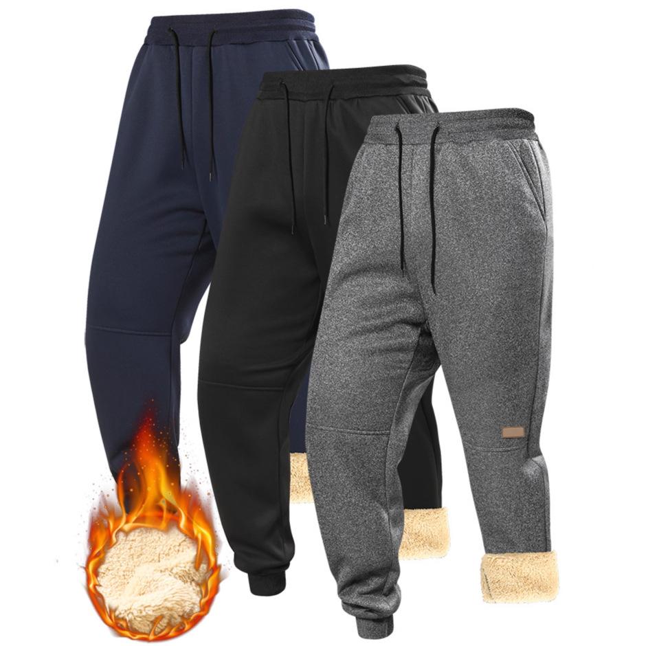 Winter Men Sweat Pants Lamb Fleece Thickened Pants Casual Solid Color Pants Loose Elastic Pants