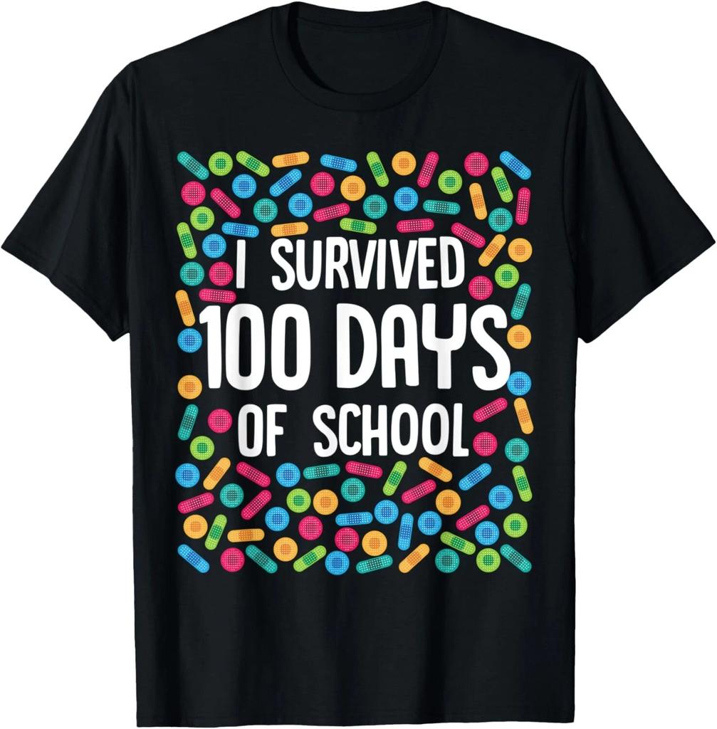 I Survived 100 Days of School Boys Girls Band Aid Bandage T- Shirt