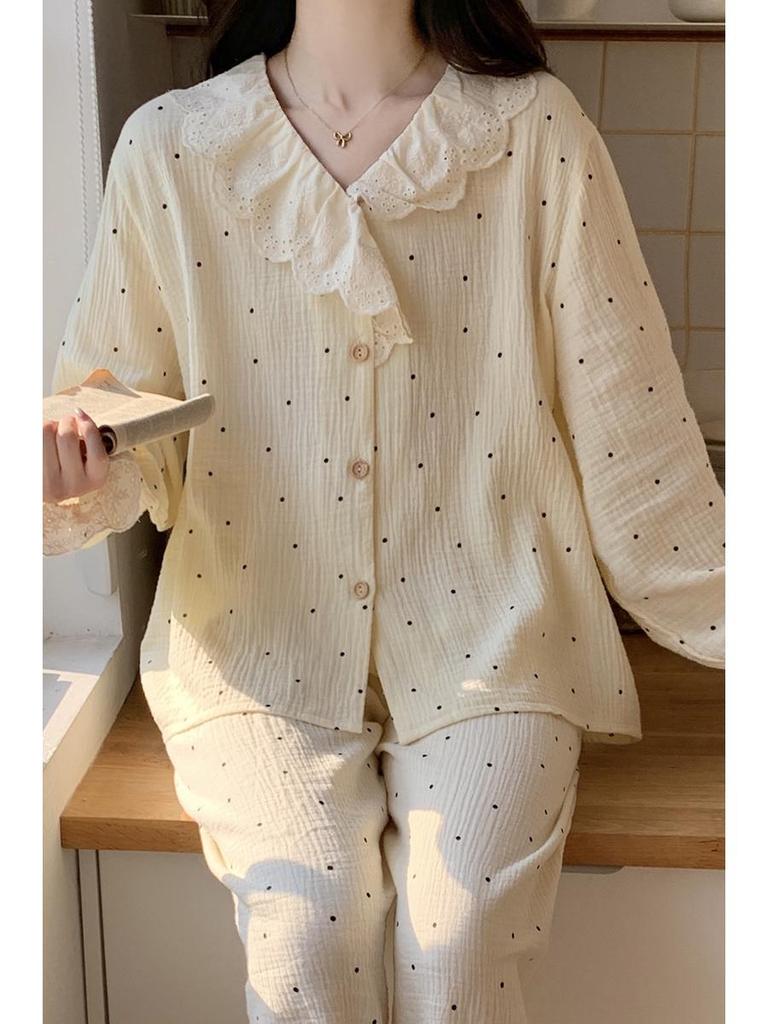 Ladies' Cartoon Pajama Set: Cotton Gauze, Long Sleeve & Pants, Thin Cardigan, Spring/Autumn Style.