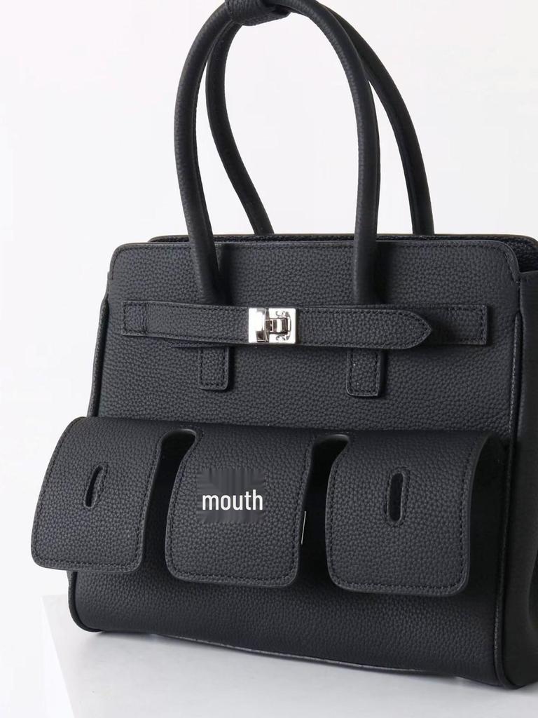 Women's Biker Genuine Leather Multi-Pocket Tote with Dark Square Buckle