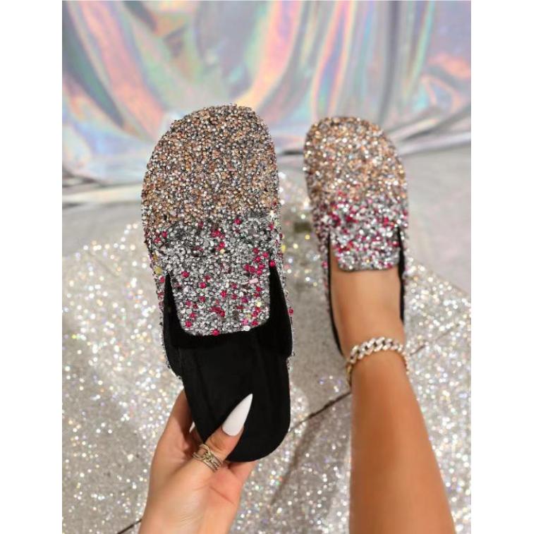 Women's Spring and Autumn Sequined Half Slippers with Cork Toe Caps Comfortable and Casual Non Slip Flat Bottomed Sandals