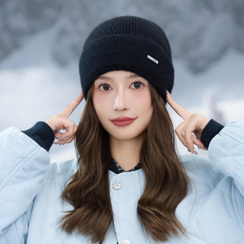 Versatile Winter Hat Women's Velvet Thickened Large Head Circumference Headgear Metal Standard Rabbit Hair Knitted Wool Hat