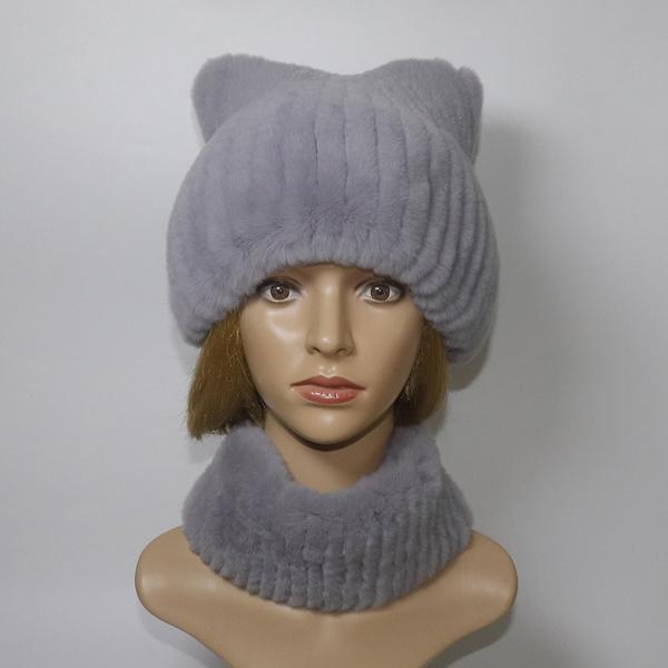 Winter Girls Fashion Fluffy Real Rex Rabbit Fur Hat Scarf Sets Warm Real Rex Rabbit Fur Cat's ear Hats Scarves Women Fur Caps