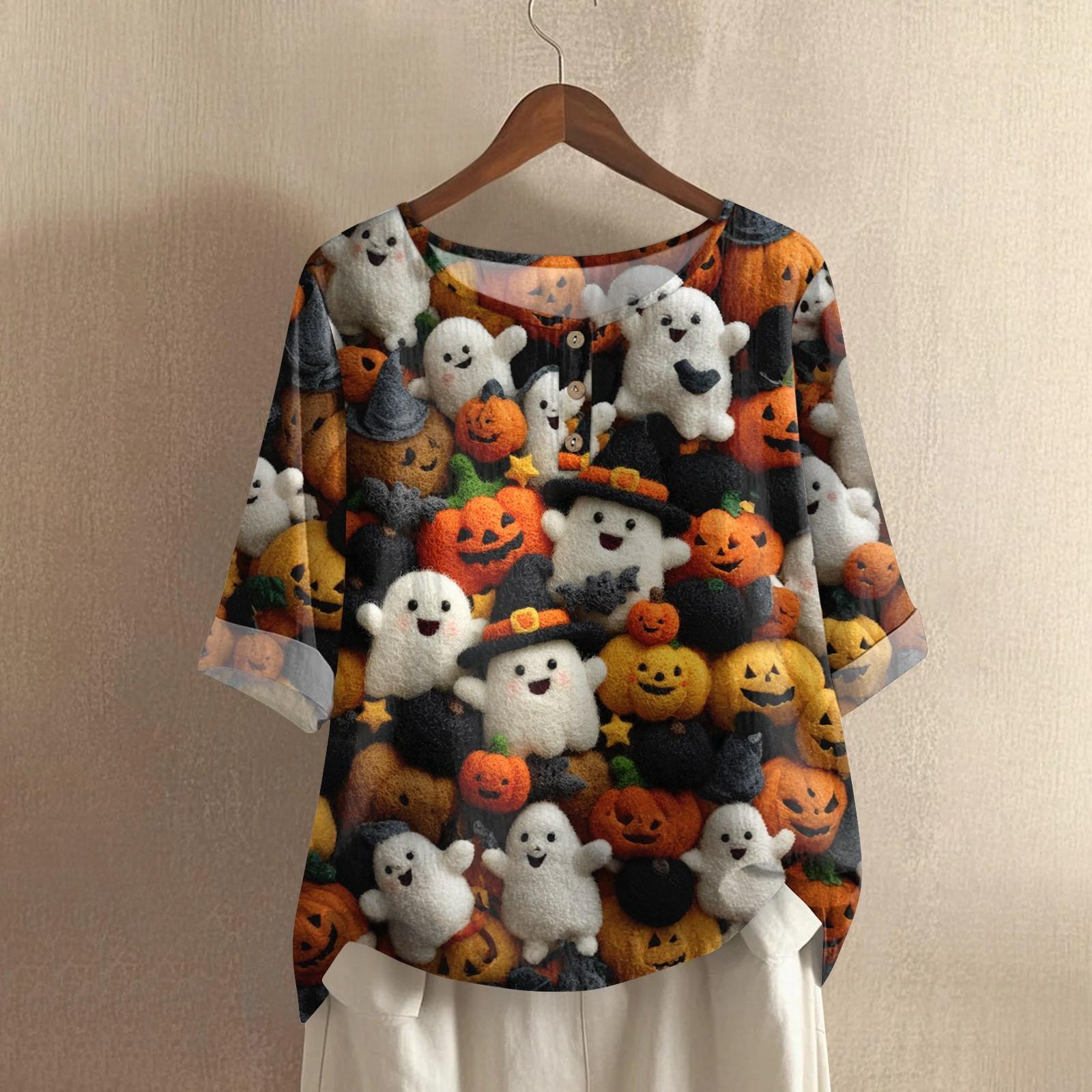 

Women s Fashionable And Casual Shirt Half-sleeve Round Neck Print Cotton And Linen Blouse Top S