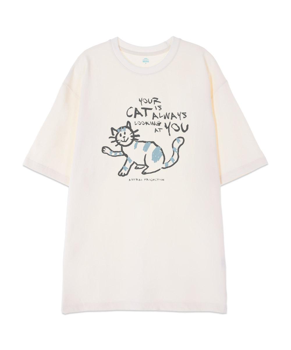 Astral Projection [Oversized] Doodle Cat 13-Count Cotton Round Neck Short Sleeve T-Shirt_Ivory L