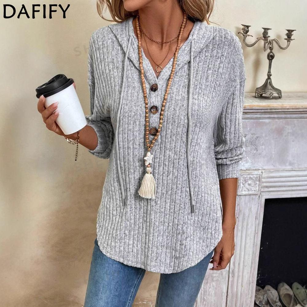 DAFIFY Women's Fashion Casual Solid Color Print Long Sleeve Hooded Hoodies & Sweatshirts