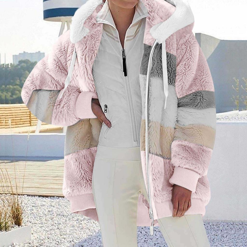 Women's Fashionable Plush Patchwork Zipper Pocket Hooded Long Sleeved Loose Warm Jacket