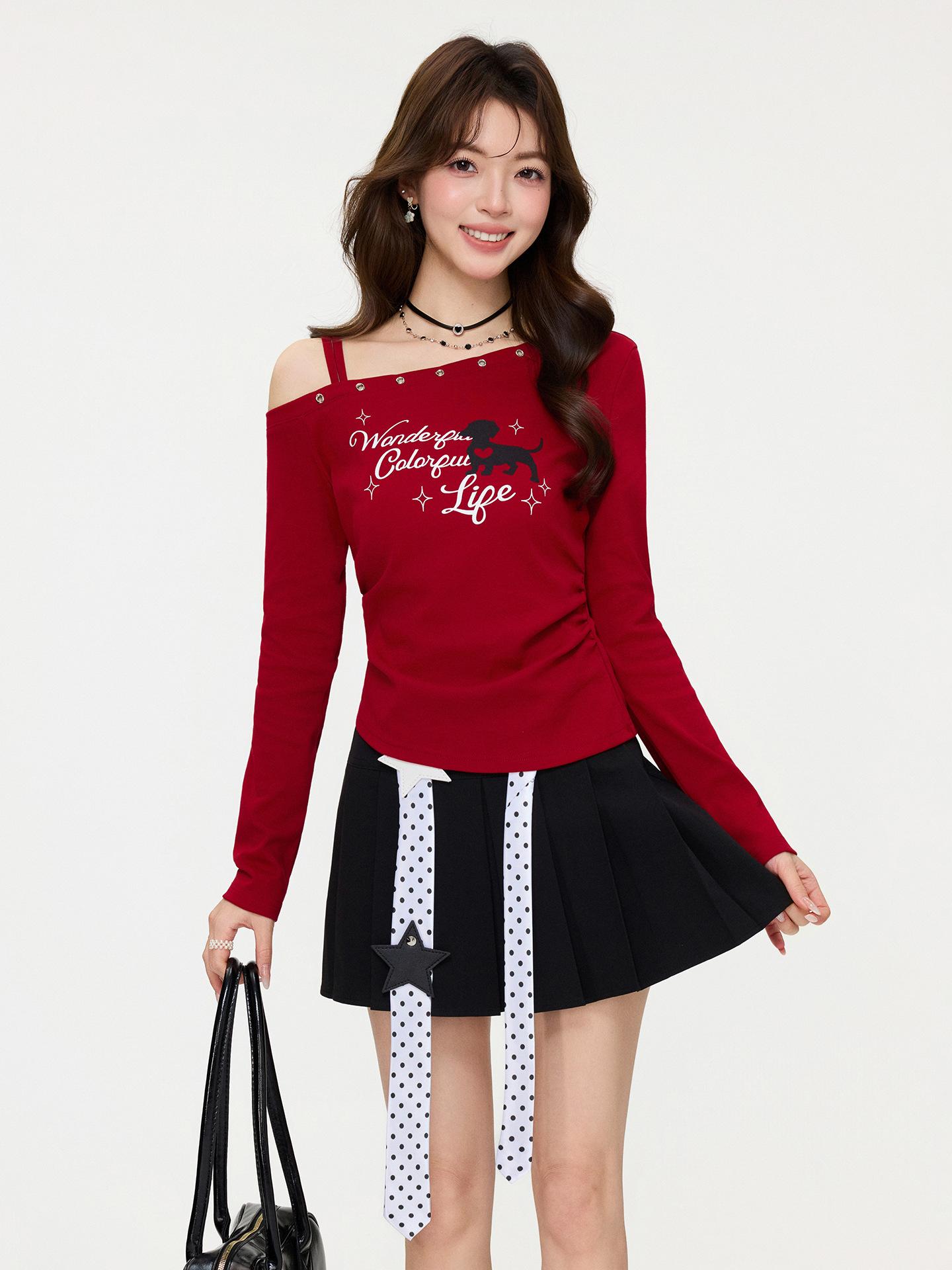 

Red Irregular Design Slant Shoulder Long Sleeve T-Shirt Women s Spring Waist Printed Bottom Shirt Pure Desire Top S красный