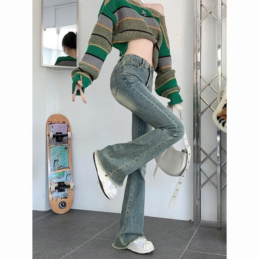Flap Pocket Raw Hem Bell Bottom Jeans, Y2k Streetwear High Waist Washed Fitting Denim Pants, Women's Denim Jeans & Clothing