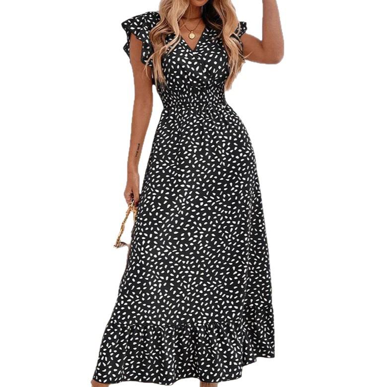 European & American Women's Fashion Spring/Summer 2025 V-Neck Waist-Hugging Long Dress Ruffle Elegant Style
