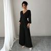 Damen Jumpsuit mit langen Ärmeln, Falten und weitem Bein, V-Ausschnitt und hoher Taille für elegante Alltagsmode
