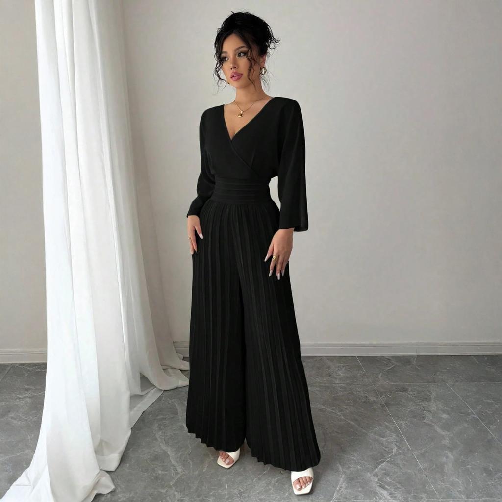 Damen Jumpsuit mit langen Ärmeln, Falten und weitem Bein, V-Ausschnitt und hoher Taille für elegante Alltagsmode