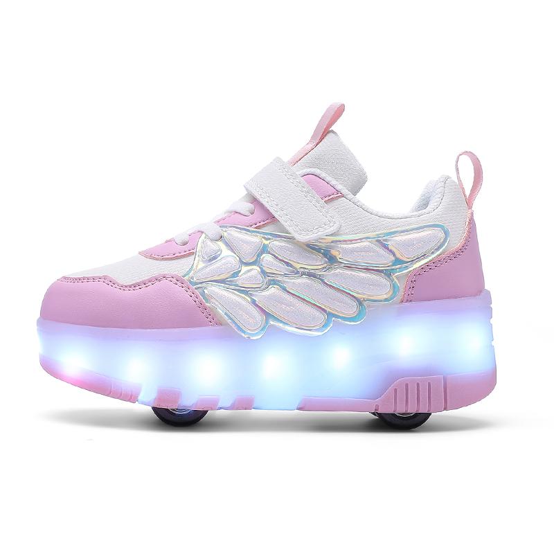 

Детские кроссовки на четырех колесах, спортивная обувь, USB-зарядка, светодиодная подсветка, спортивная обувь, роликовые коньки для девочек 34 розовый/белый