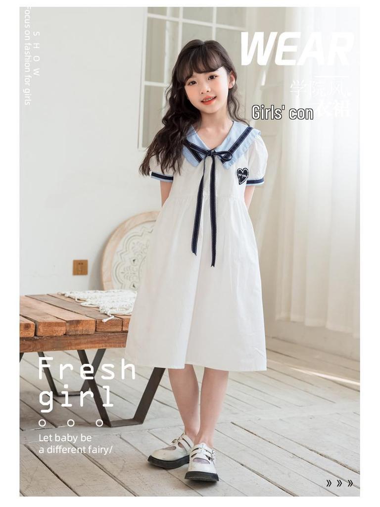 Girls' Cotton Short-Sleeve College Style Dress with Turn-Down Collar – White, Summer 2025