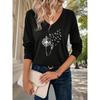 Dandelion Print V-Neck Long Sleeve T-Shirt, Casual and Fashionable Women's Top