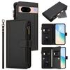 For Google Pixel 8a Leather Case 9 Card Slots Zipper Wallet Stand Phone Cover with Wrist Strap