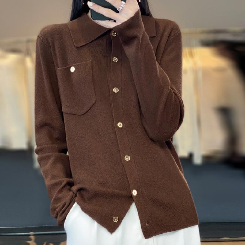 Polo Collar Worsted Wool Knitted Cardigan for Women In Autumn and Winter New Fashionable and Versatile Skin-friendly Sweater Jacket Soft and Warm Top