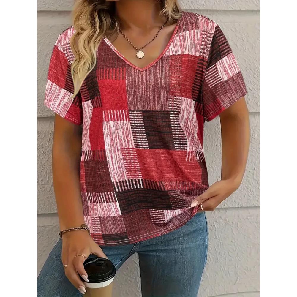 Summer plaid women's V-neck T-shirt outdoor casual short-sleeved top