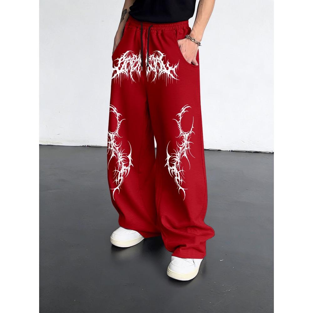 

Black Loose Wide Leg Men s Sports Pants, Street Style Cool Flame Pattern, Drawstring Closure Street Style XXL