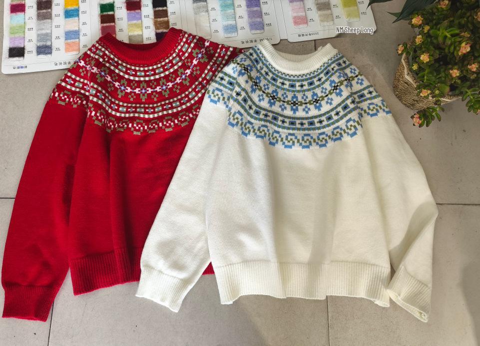 New Winter Arrival: Retro Fair Isle Red Jacquard Knit Top - Cozy, Soft, Fluffy Sweater for Women