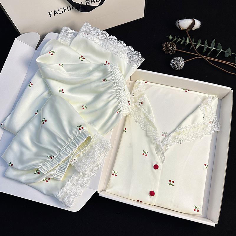Women's Ice Silk Cherry Print Pajama Set - Elegant Summer Three-Piece Lounge Wear