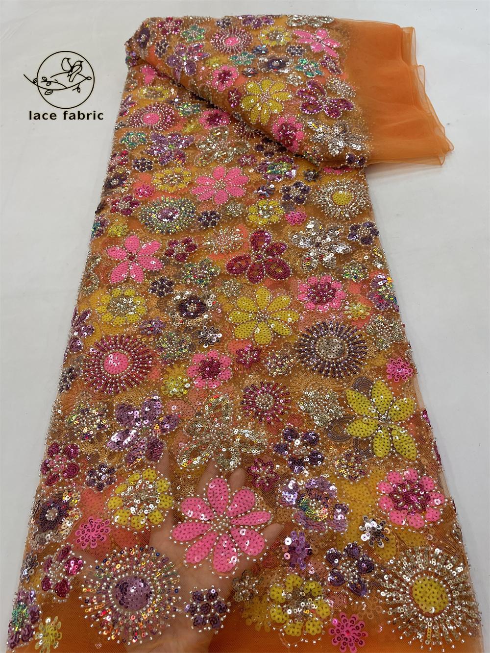 

Африканское Нигерийское Кружево с Вышивкой Бисером 2026 Высококачественное Роскошное Французское Кружево-Сетка с Пайетками для Свадебного Платья Вечернего Платья Женское 5 Ярдов 5 yards&120cm