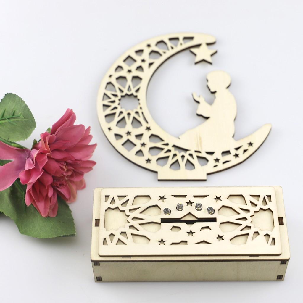 Hölzerne Ramadan Eid Mubarak-Dekorationen für Zuhause, Mond, LED-Kerzen, Licht