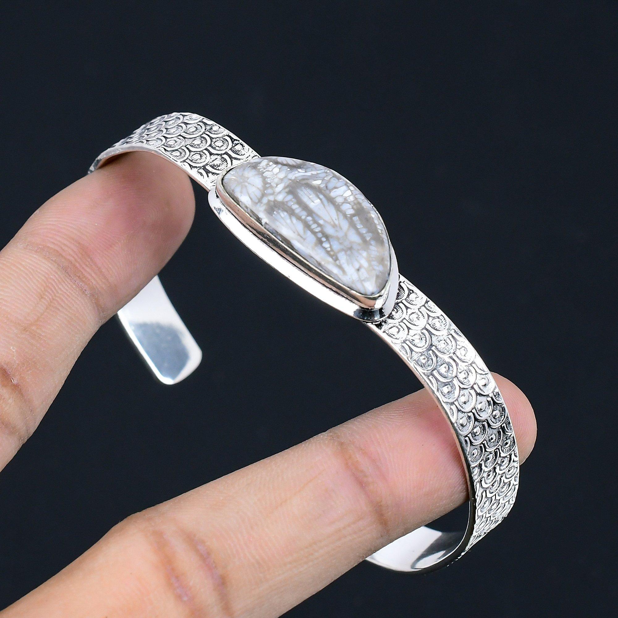 

Daughters Day Sale 925 Silver Crescent Fossil Coral Gemstone New Bangle Bracelet Adjustable