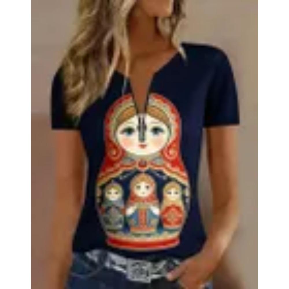 

Summer Women s Short Sleeved T-shirt Fashionable and Elegant Zipper V-neck Color Blocked Printed T-shirt Large Size L