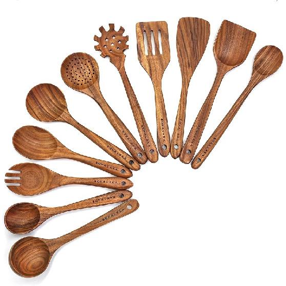 Wooden Spoons for Cooking,10 Pcs Natural Teak Wooden Kitchen Utensils Set Wooden Utensils for Cooking Wooden Cooking Utensils Wooden Spatulas for