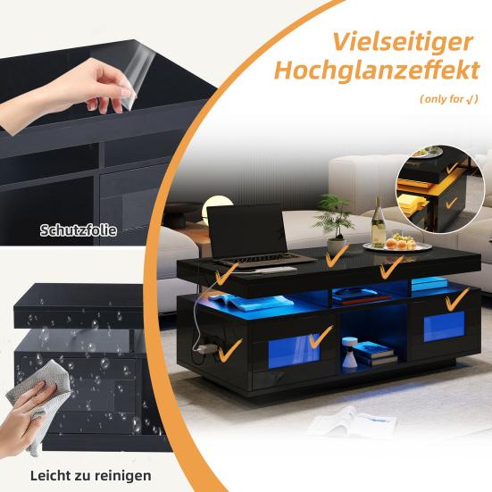 100x50x43cm Schwarzer Hochglanz-Couchtisch, mit steuerbaren LED-Leuchten, Mobile App, Wohnzimmertisch mit Schrank, Sofatisch mit Ladeanschluss und