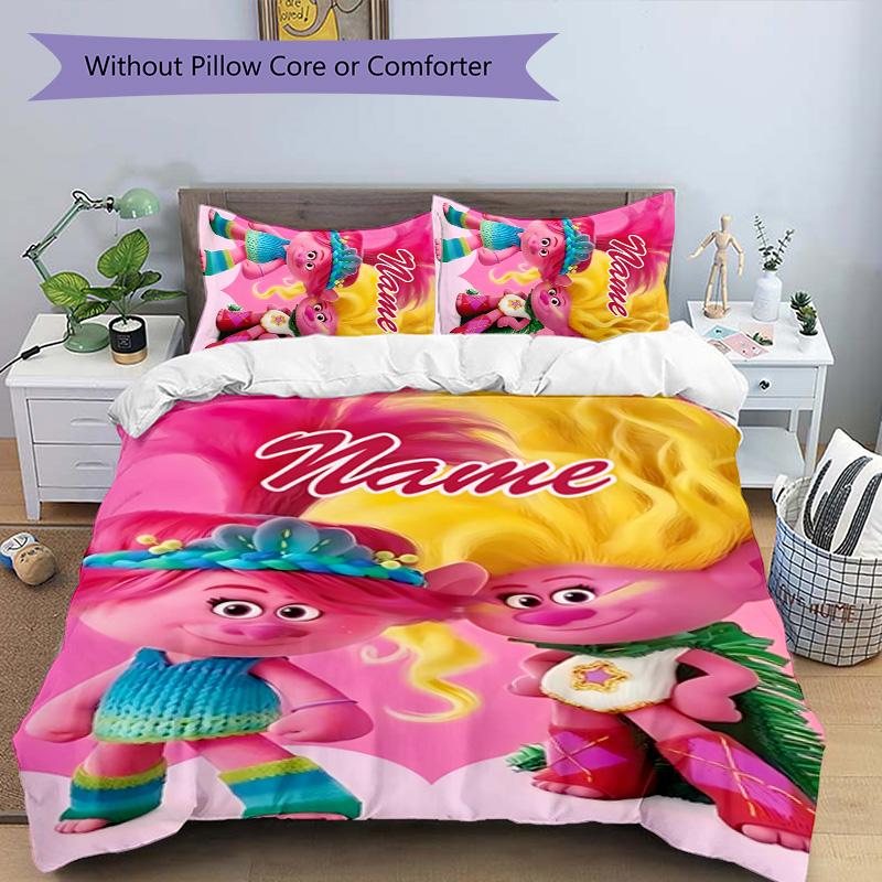 3pcs Trolls3 Cover Set - Personalized Name, HD Printed Bedding with 1 Cover and 2 Pillowcases - Perfect for Home Decor, Easy Care