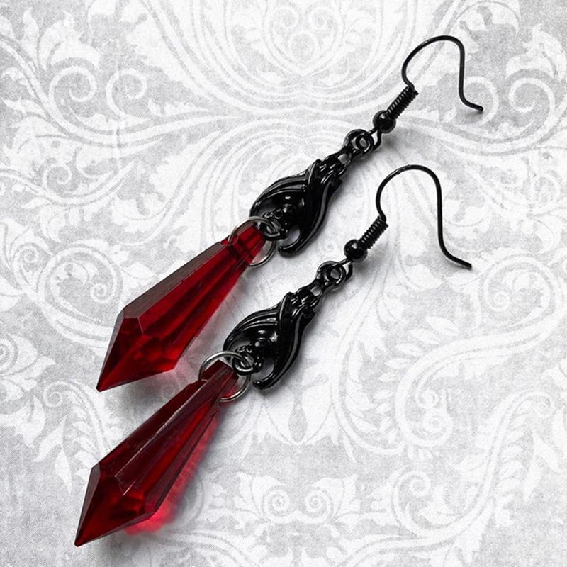 Black Bat Earrings With Red Teardrop Beads, Earrings, Gothic Jewelry,