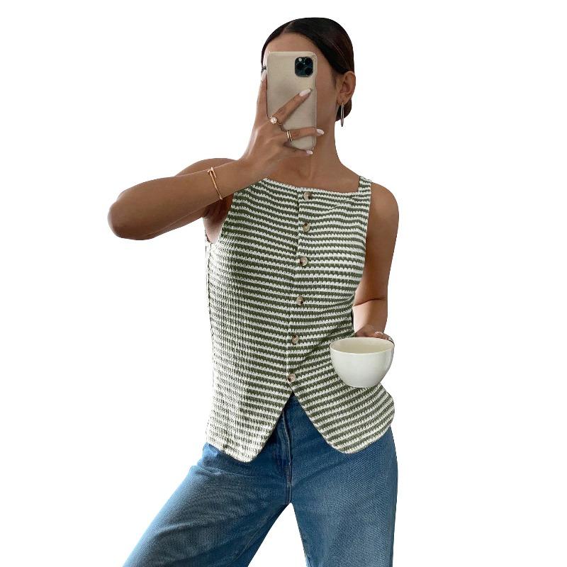 JKASHDK Women's Fashion Casual Summer Spring Stripe Print Sleeveless Square Collar Blouses & Shirts