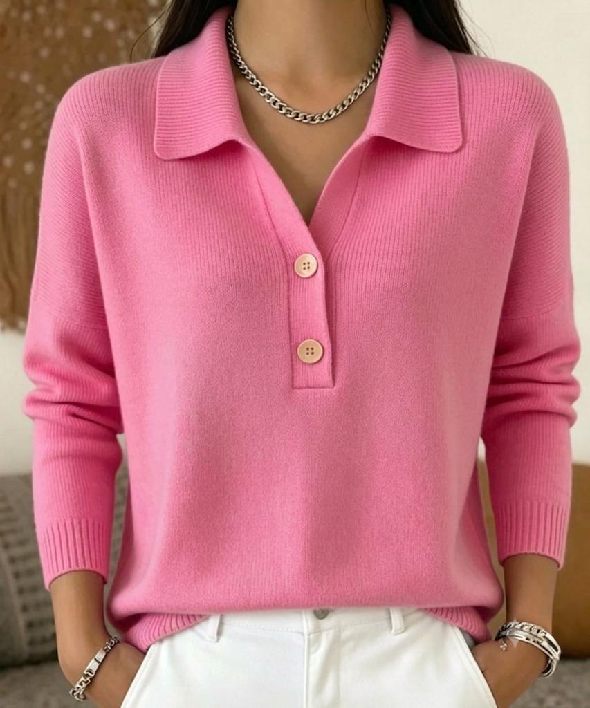 Damski sweter z dzianiny z kołnierzykiem polo, z długim rękawem, zapinany na guziki, gładki, casualowy, wciągany