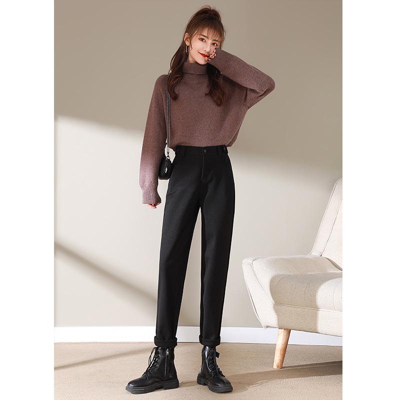 Women's Black Wool Fleece-Lined High Waist Loose Straight-Leg Harem Pants for Autumn and Winter