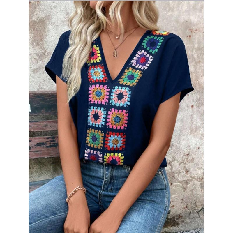 Womens V-Neck Short Sleeve T-Shirt Loose Fit Casual Print Top Slimming Elegant Basic Tee