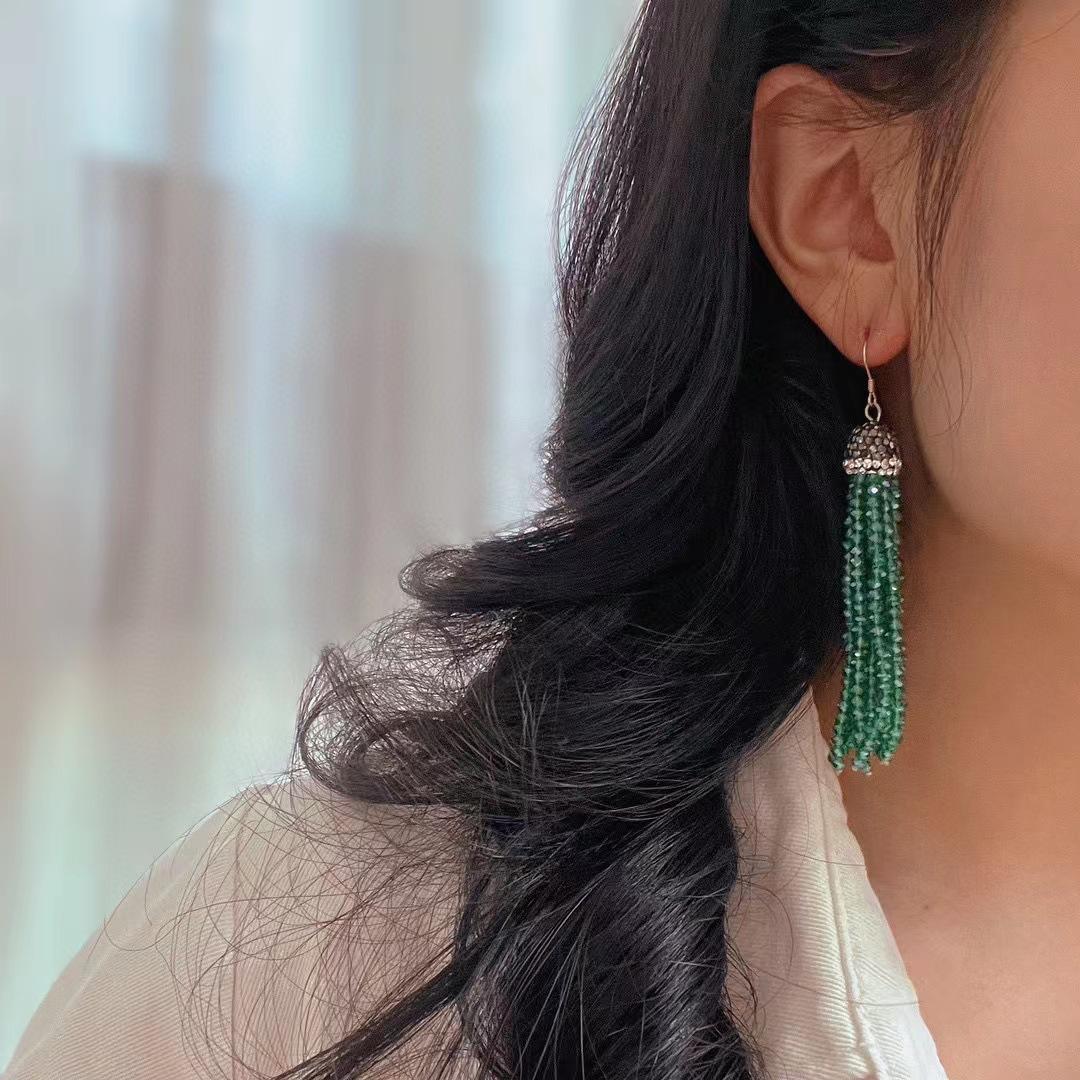 925 Silver Retro High Quality Medieval Imitation Emerald Fringed Earrings