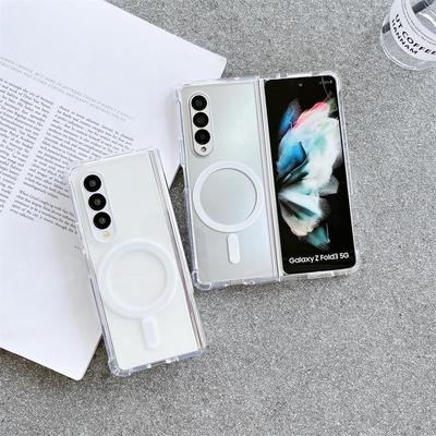 For Samsung Galaxy Z Fold 4 3 Magsafe Wireless Charging Magnetic Case Transparent Four Corner Shockproof Silicone Acrylic Cover