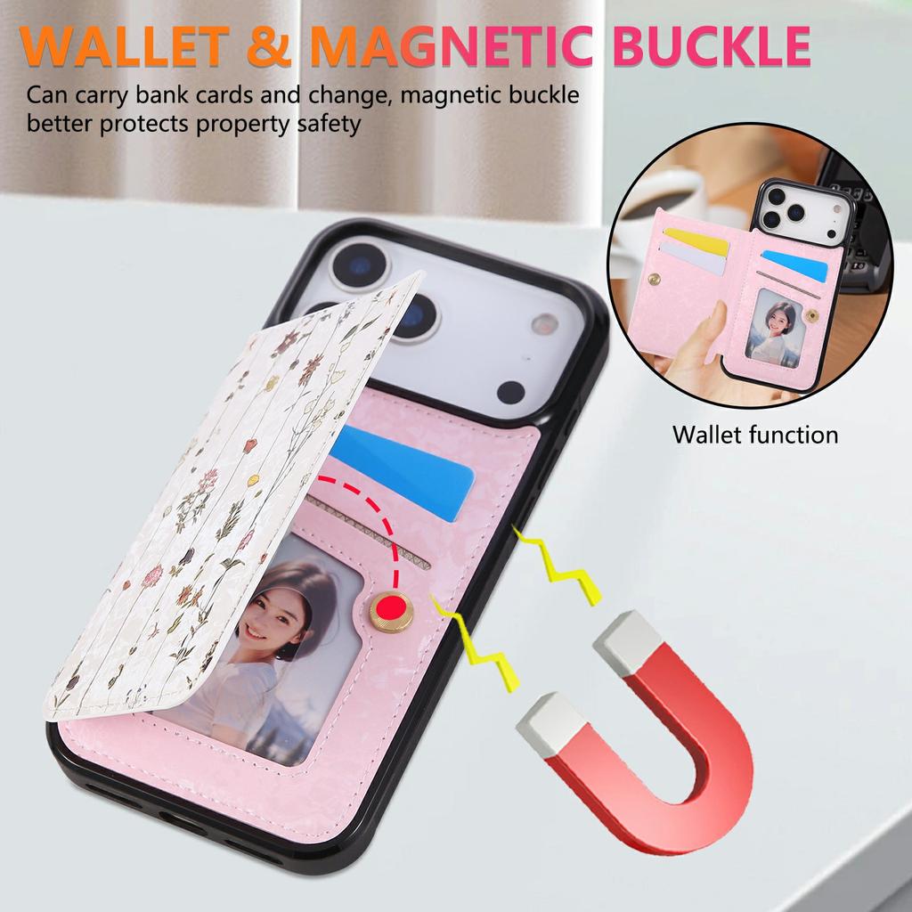 For iPhone 17 Pro Max Case Flower Leather TPU RFID Blocking Phone Cover Card Slots