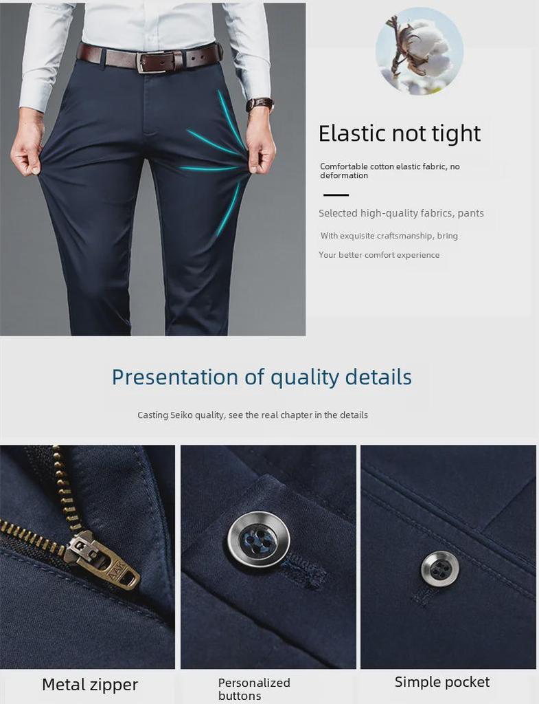 Męskie spodnie bawełniane na jesień z prostymi nogawkami, elastyczne, niegniotące się, naturalnie układające się, idealne do codziennych, biznesowych stylizacji w średnim wieku